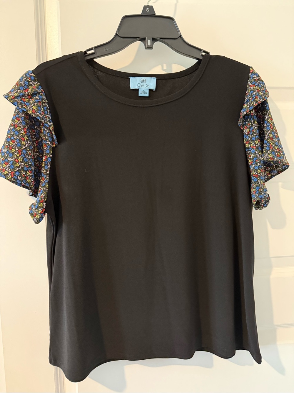 CeCe Black Tee with Blue Floral Ruffle Sleeves